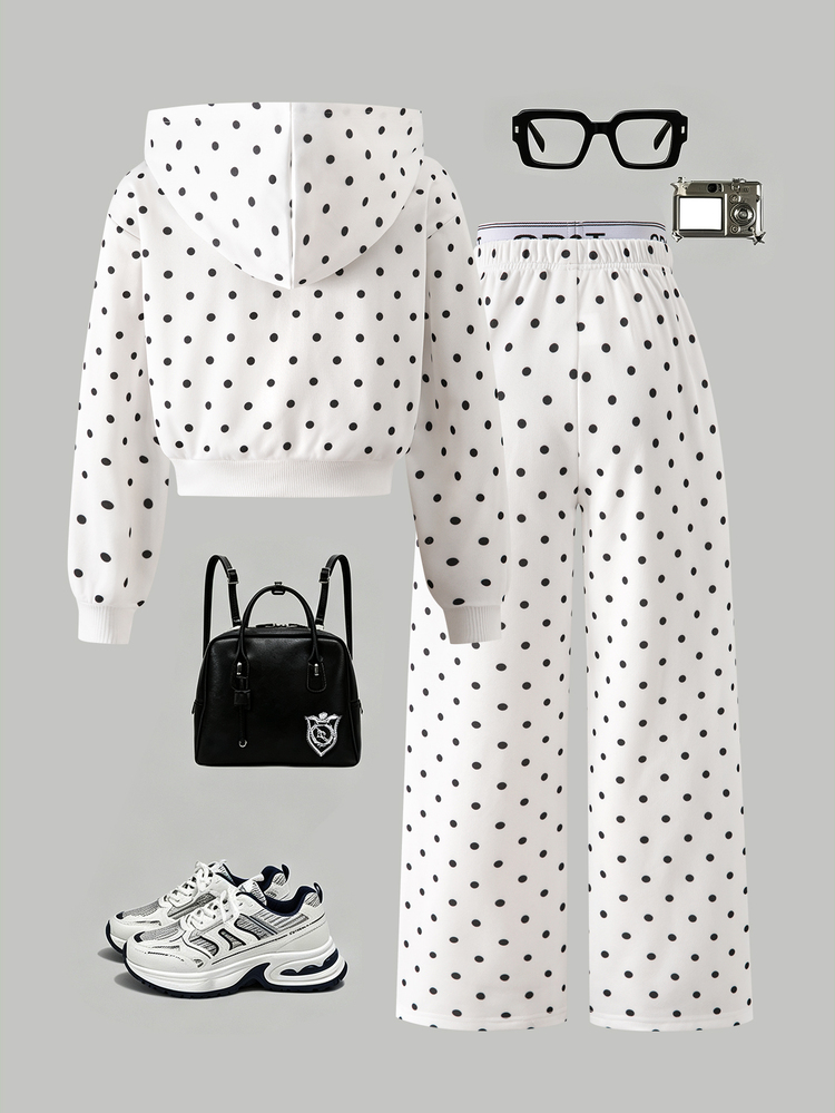 SHEIN 2-Piece Tween Girls Polka Dot Set: Long-Sleeve Hooded Zipper Cardigan Jacket, Loose-Fitting Wide-Leg Casual Athletic Pants - Black and White - View 9