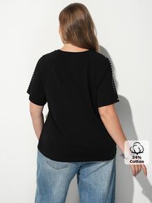 Maija Plus Size Summer Casual Stud Decor T-Shirt - Black - View 5