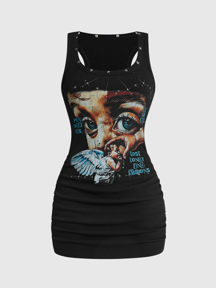 ROMWE Street Life Plus Woman Retro Baddie Unisex Streetwear Angel Face Print Pentagram Studded Bodycon Mini D - Hitam - View 1
