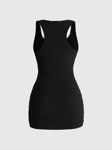 ROMWE Street Life Plus Woman Retro Baddie Unisex Streetwear Angel Face Print Pentagram Studded Bodycon Mini D - Black - View 2