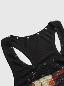 ROMWE Street Life Plus Woman Retro Baddie Unisex Streetwear Angel Face Print Pentagram Studded Bodycon Mini D - Black - View 3