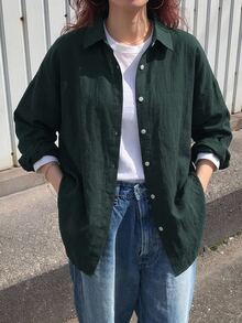 DAZY Solid Drop Shoulder Button Front Shirt,Long Sleeve Tops Linen Fall - Dark Green - View 6