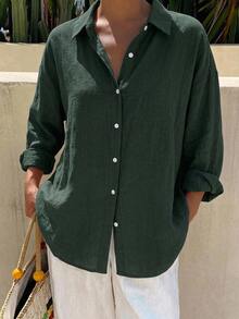 DAZY Solid Drop Shoulder Button Front Shirt,Long Sleeve Tops Linen Fall - Dark Green - View 7