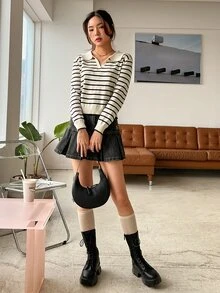 DAZY Striped Pattern Ribbed Knit Sweater,Long Sleeve Tops,Fall Clothes - Multicolor - View 3