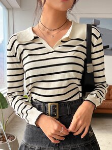 DAZY Striped Pattern Ribbed Knit Sweater,Long Sleeve Tops,Fall Clothes - Multicolor - View 7