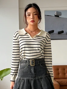 DAZY Striped Pattern Ribbed Knit Sweater,Long Sleeve Tops,Fall Clothes - Multicolor - View 6