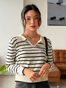 DAZY Striped Pattern Ribbed Knit Sweater,Long Sleeve Tops,Fall Clothes - Multicolor - View 5
