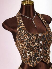 Amplova Women's Leopard Print Single-Breasted Halter Top And Shorts Casual Everyday Denim Set, Versatile, Vacation, Sexy, Vest, Low Ride Shorts, Summer, Party - Black - View 8