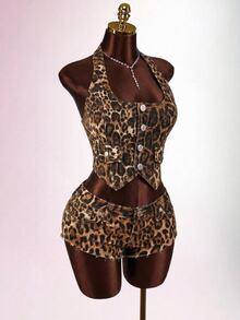 Amplova Women's Leopard Print Single-Breasted Halter Top And Shorts Casual Everyday Denim Set, Versatile, Vacation, Sexy, Vest, Low Ride Shorts, Summer, Party - Black - View 6