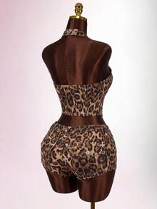Amplova Women's Leopard Print Single-Breasted Halter Top And Shorts Casual Everyday Denim Set, Versatile, Vacation, Sexy, Vest, Low Ride Shorts, Summer, Party - Black - View 2