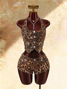 Amplova Women's Leopard Print Single-Breasted Halter Top And Shorts Casual Everyday Denim Set, Versatile, Vacation, Sexy, Vest, Low Ride Shorts, Summer, Party - Black - View 4