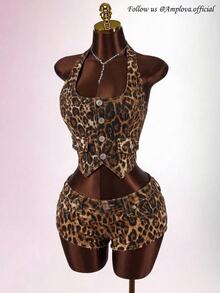 Amplova Women's Leopard Print Single-Breasted Halter Top And Shorts Casual Everyday Denim Set, Versatile, Vacation, Sexy, Vest, Low Ride Shorts, Summer, Party - Black - View 5