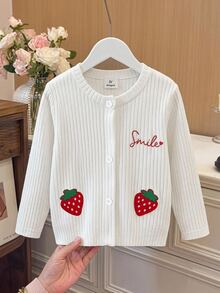 Elladie kids 女童白色針織開襟衫圓領白色鈕扣長袖紅色草莓「Smile」字母箔印軟面料春秋休閒西式 - 白色 - 查看 4
