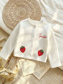 Elladie kids 女童白色針織開襟衫圓領白色鈕扣長袖紅色草莓「Smile」字母箔印軟面料春秋休閒西式 - 白色 - 查看 5