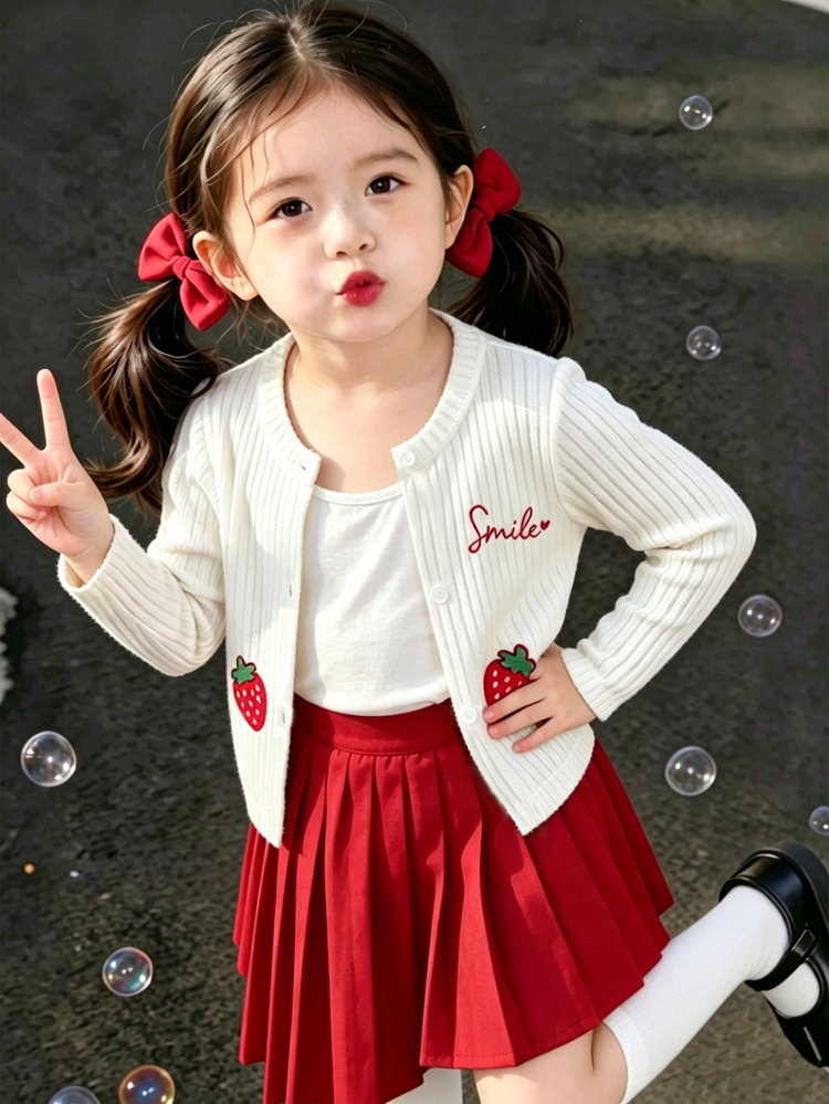 Elladie kids 女童簡約新款白色針織開襟衫，圓領、白色鈕扣、長袖、前胸設計，可愛俏皮紅色草莓與「Smile」字母箔印，柔軟舒適面料，適合春秋季，休閒時尚，日常穿著、上學、出遊、度假與派對 - 白色 - 查看 7