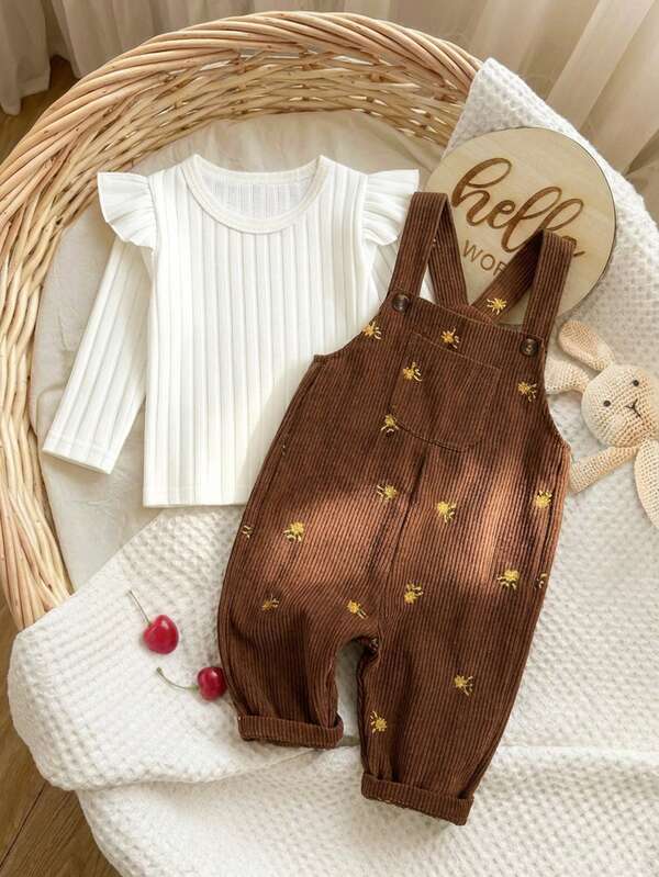SHEIN Vintaside Kids Baby Girl Corduroy Overalls Set, Autumn/Winter Thickened Warm Floral Embroidery + Brushed Cream White Knit Base Layer, 2 Pieces Cute Family Matching