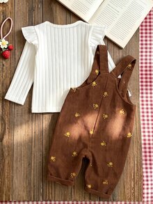 SHEIN Vintaside Kids 女嬰燈芯絨吊帶褲套裝，秋冬加厚保暖花卉刺繡 + 刷毛奶油白針織內搭，2件組可愛親子穿搭 - 棕色 - 查看 2
