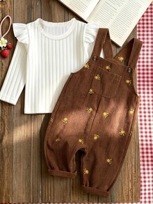 SHEIN Vintaside Kids 女嬰燈芯絨吊帶褲套裝，秋冬加厚保暖花卉刺繡 + 刷毛奶油白針織內搭，2件組可愛親子穿搭 - 棕色 - 查看 3