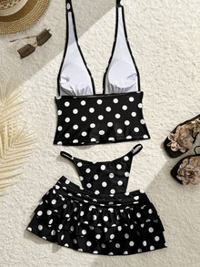 SHEIN Swim 3件組復古波點細肩帶深V領露背綁帶比基尼上衣搭配荷葉邊收腰抓褶裙休閒度假女款比基尼套裝 - 黑與白 - 查看 2