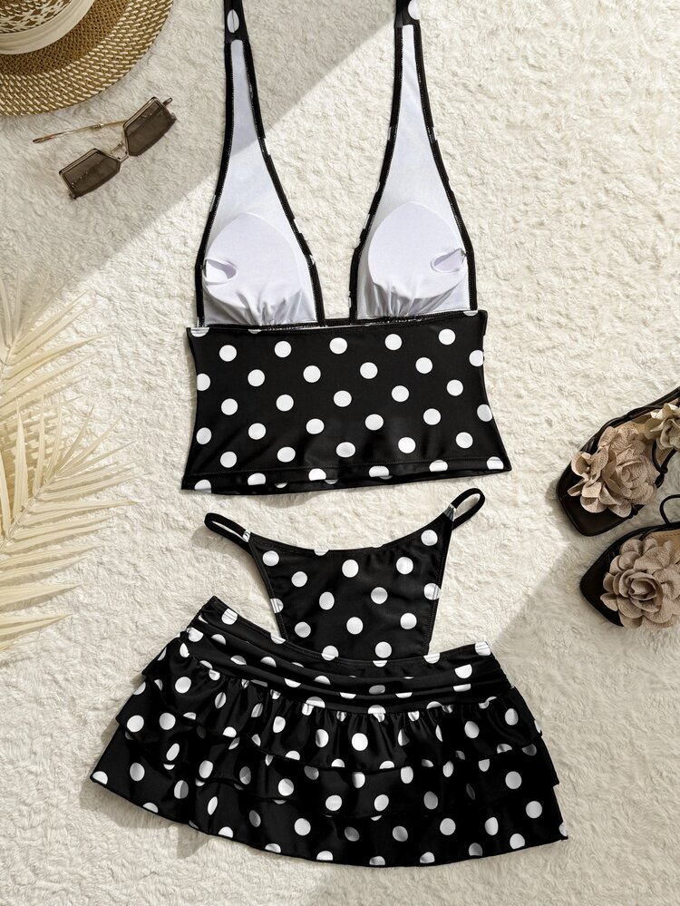 Swim Mod 3pcs Set Vintage Polka Dot Spaghetti Strap Deep V Neck Backless Tie Bikini Top With Ruffle Waist Gathered Skirt Casual Holiday Women's Tank Top Bikini Set Set - Black and White - View 2