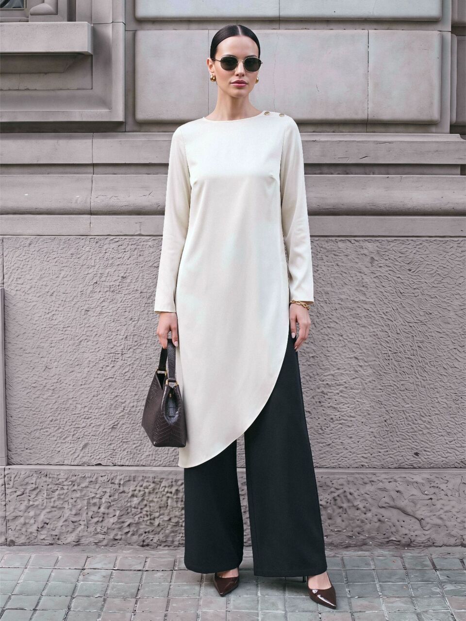 Light Apricot Comfortable Premium Satin Fabric Wrinkle-Resistant Functional Material Fitted Cut Regular Shoulder Long Sleeve H-Line Asymmetric Slanted Hem Shoulder Metal Button Decor Opening Over-The-Head All-Season Versatile Modern Low-Key Old Money Style Elegant High-End Commute High-Quality High-Intellect Sophisticated Old Money Style Cruise Wear Wedding Guest Attire Minimalist Elegant Special Series Women's Blouse