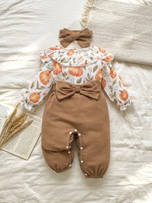 SHEIN Vintaside Kids 女嬰荷葉領長袖連身褲附髮帶，家庭套裝簡約穿搭 - 彩色 - 查看 10