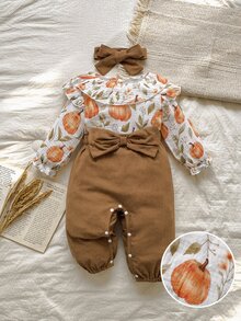 SHEIN Vintaside Kids 女嬰荷葉領長袖連身褲附髮帶，家庭套裝簡約穿搭 - 彩色 - 查看 9