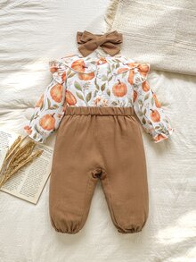 SHEIN Vintaside Kids 女嬰荷葉領長袖連身褲附髮帶，家庭套裝簡約穿搭 - 彩色 - 查看 2