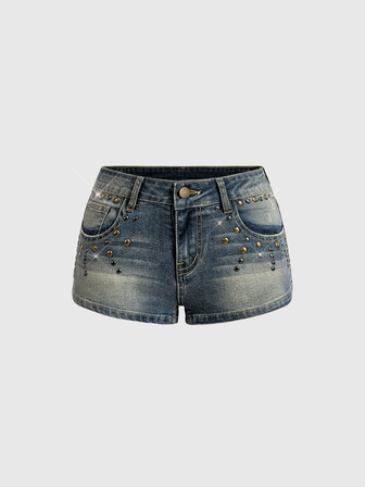Y2K Damen Große Größen Hot Girl Musikfestival Vintage Nieten Dekor Retro Waschen Ultra Tief Taille Mini Denim Shorts