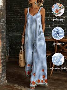 SHEIN Holidaya Floral Print Casual Jumpsuit, Versatile Elegant Outfit For Summer Outdoor, Travel, Commute, Party, Date - Multicolor - View 1