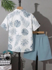 SHEIN 青少年男孩休閒時尚寬領襯衫，印花短袖襯衫2件套運動服，襯衫套裝，基礎上衣，適合春/夏，外出、情人節、約會、旅行、家庭聚會、返校、婚禮季、晚間活動、運動 - 藍色 - 查看 3