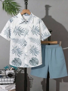 SHEIN 青少年男孩休閒時尚寬領襯衫，印花短袖襯衫2件套運動服，襯衫套裝，基礎上衣，適合春/夏，外出、情人節、約會、旅行、家庭聚會、返校、婚禮季、晚間活動、運動 - 藍色 - 查看 2