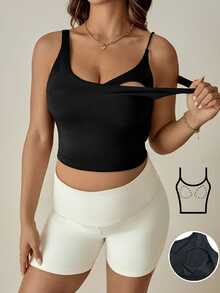 SHEIN Maternity Casual Solid Color Nursing Tank Top, Summer World Cup - Black - View 4