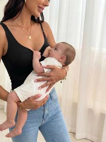 SHEIN Maternity Casual Solid Color Nursing Tank Top, Summer World Cup - Black - View 3