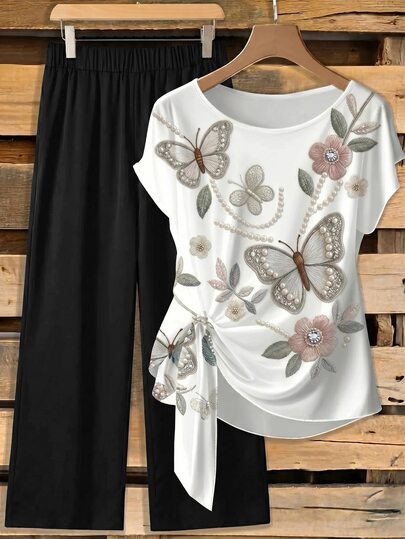 SHEIN Clasi Women's Floral Print Round Neck Tie-Front Top And Solid Color Casual Long Pants 2-Piece Set