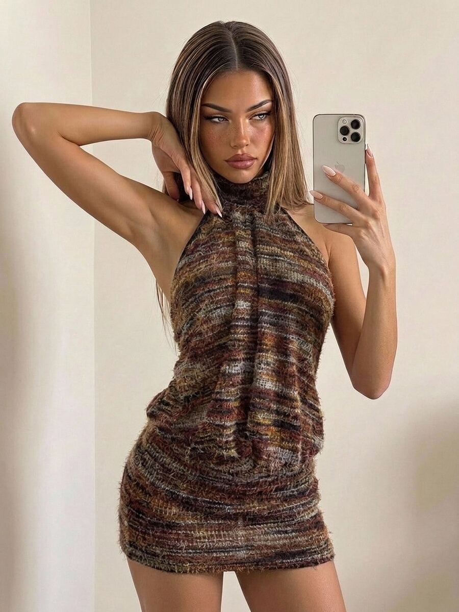 SHEIN ICON High Neck Backless Ruched Bodycon Mini Dress Club Party Night Out Brown Striped Summer Sexy - Multicolor - View 1