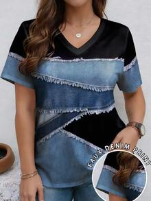 EMERY ROSE Patchwork Pattern Twill Texture Round Neck Short Sleeve Casual Plus Size T-Shirt, Spring - Multicolor - View 1