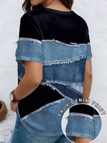 EMERY ROSE Patchwork Pattern Twill Texture Round Neck Short Sleeve Casual Plus Size T-Shirt, Spring - Multicolor - View 2