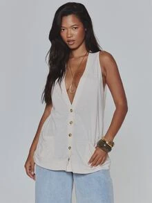MUSERA Cream Oversized V Neck Longline Baggy Pockets Cardigan - Cream - View 3