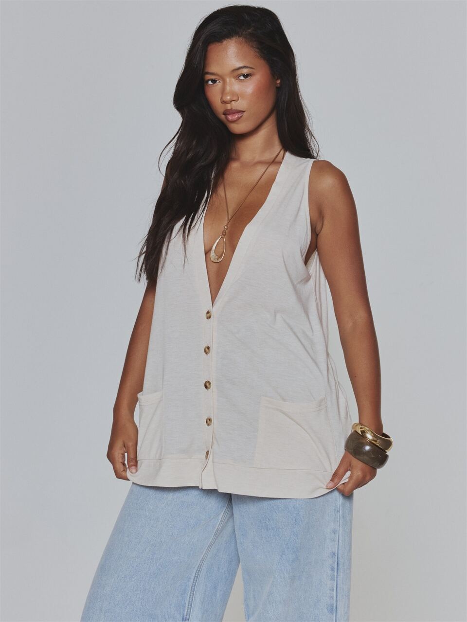 Cream Oversized V Neck Longline Baggy Pockets Cardigan