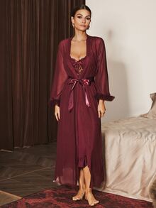 Slumberist 2 peças/Conjunto Vestido Deslizante com Renda na Cintura em Design de Espinha de Peixe + Robe Transparente com Manga Larga e Bainha Floral - bordô - Visão 8