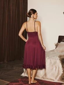 Slumberist 2 peças/Conjunto Vestido Deslizante com Renda na Cintura em Design de Espinha de Peixe + Robe Transparente com Manga Larga e Bainha Floral - bordô - Visão 3
