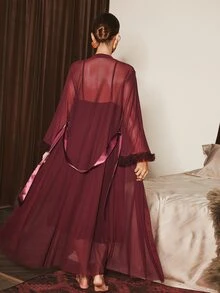 Slumberist 2 peças/Conjunto Vestido Deslizante com Renda na Cintura em Design de Espinha de Peixe + Robe Transparente com Manga Larga e Bainha Floral - bordô - Visão 7