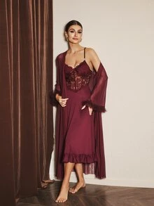 Slumberist 2 peças/Conjunto Vestido Deslizante com Renda na Cintura em Design de Espinha de Peixe + Robe Transparente com Manga Larga e Bainha Floral - bordô - Visão 4