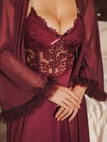 Slumberist 2 peças/Conjunto Vestido Deslizante com Renda na Cintura em Design de Espinha de Peixe + Robe Transparente com Manga Larga e Bainha Floral - bordô - Visão 2