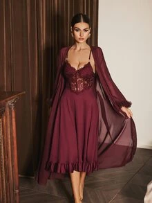 Slumberist 2 peças/Conjunto Vestido Deslizante com Renda na Cintura em Design de Espinha de Peixe + Robe Transparente com Manga Larga e Bainha Floral - bordô - Visão 9