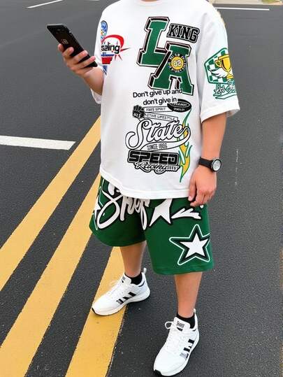 SHEIN 两件套男童休闲简约字母印花短袖圆领套装，适合夏季、街头风、日常穿着、上学、旅行和运动。