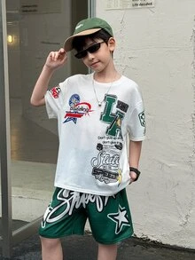 SHEIN 两件套男童休闲简约字母印花短袖圆领套装，适合夏季、街头风、日常穿着、上学、旅行和运动。 - 彩色 - 查看 5