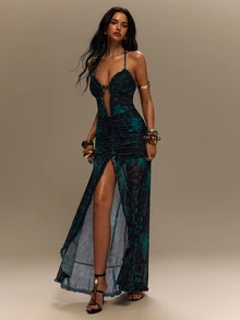 TypaGal Women Black Floral Summer Boho Sexy Beaded Halter Neck Ruching Knit Mesh Printed Maxi Slip Dress Vacation Beach Party Night Out Club Rave - Green - View 6