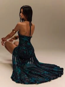 TypaGal Women Black Floral Summer Boho Sexy Beaded Halter Neck Ruching Knit Mesh Printed Maxi Slip Dress Vacation Beach Party Night Out Club Rave - Green - View 3